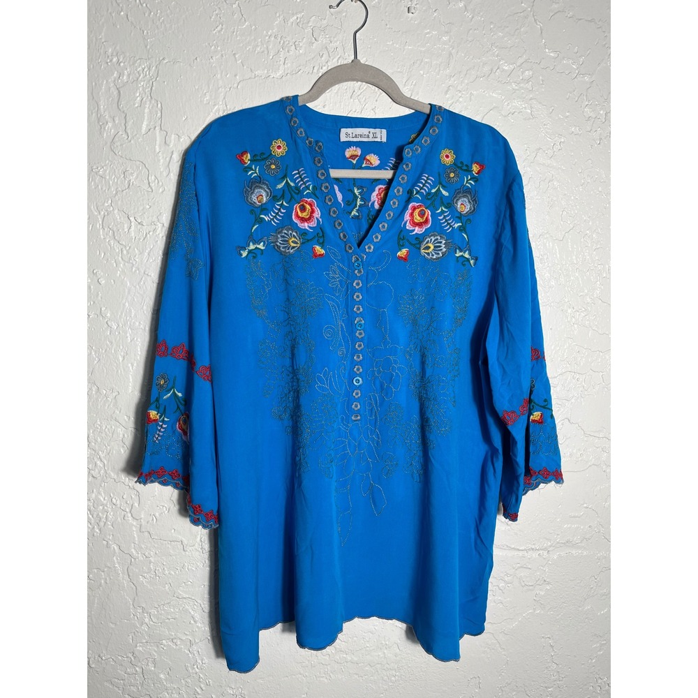 St. Lareina Womens XL Blue‎ Floral Embroidered Cotton Tunic Top Boho  Blouse